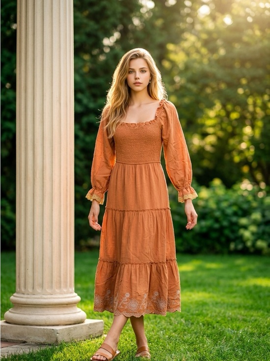 Just Me Dresses & Skirts - Just me cinnamon rust smocked lace detail tiered midi boho medium new